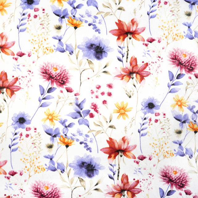 Tissu Coton Trio de Fleurs Fond Blanc | Laize 1m55