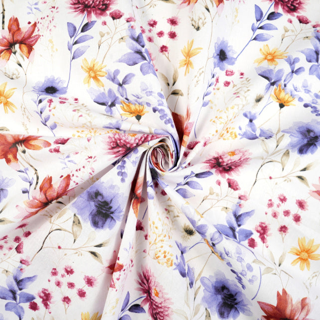 Tissu Coton Trio de Fleurs Fond Blanc | Laize 1m55