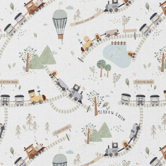 Tissu Coton Voyage Trip Sur Le Rail Fond Blanc | Laize 1m50