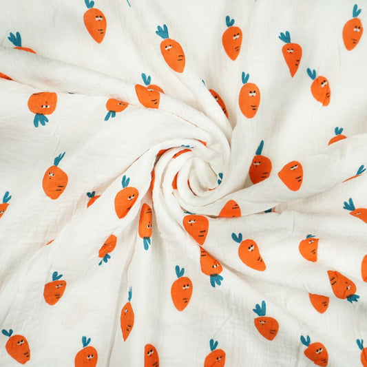 Tissu Double Gaze De Coton Imprimé | Carottes Fond Blanc | Laize 130cm