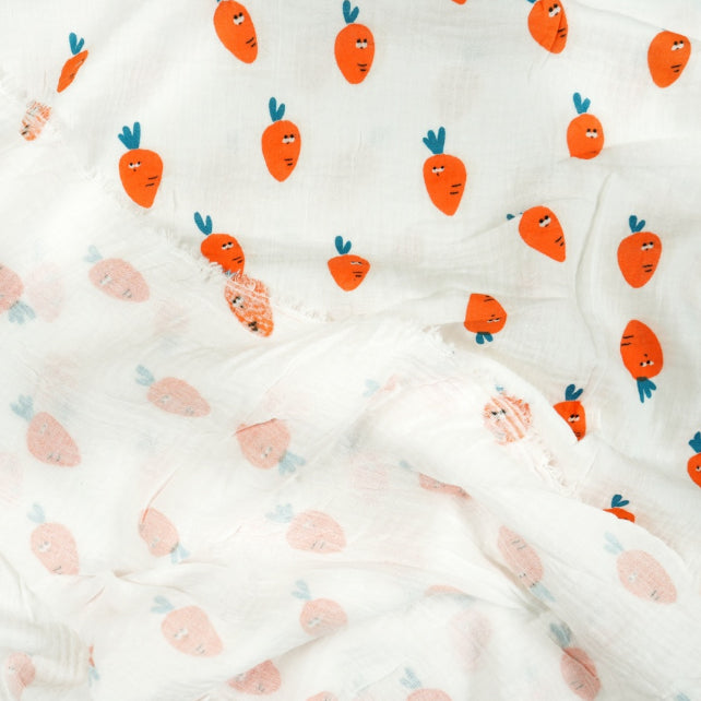Tissu Double Gaze De Coton Imprimé | Carottes Fond Blanc | Laize 130cm