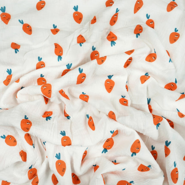 Tissu Double Gaze De Coton Imprimé | Carottes Fond Blanc | Laize 130cm