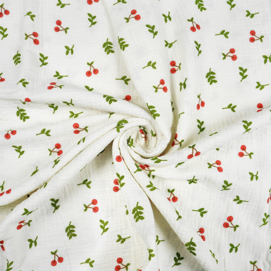 Tissu Double Gaze De Coton Imprimé | Cerises Fond Blanc | Laize 130cm