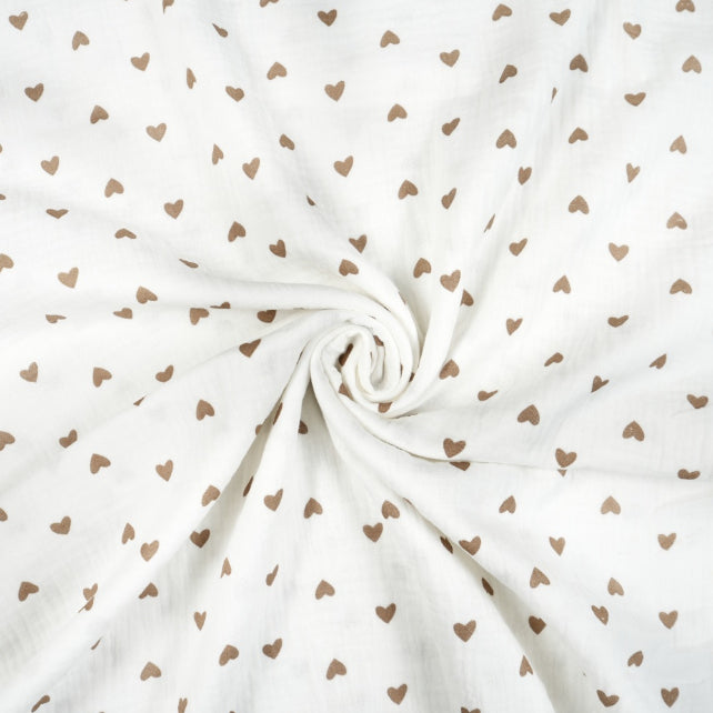 Tissu Double Gaze De Coton Imprimé | Cœurs Bruns Fond Blanc | Laize 130cm