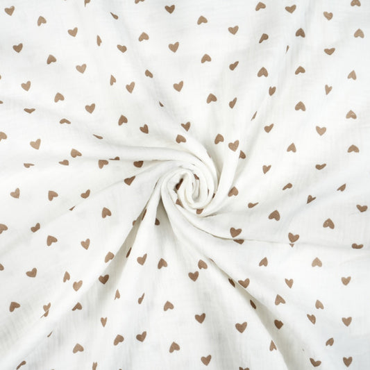 Tissu Double Gaze De Coton Imprimé | Cœurs Bruns Fond Blanc | Laize 130cm