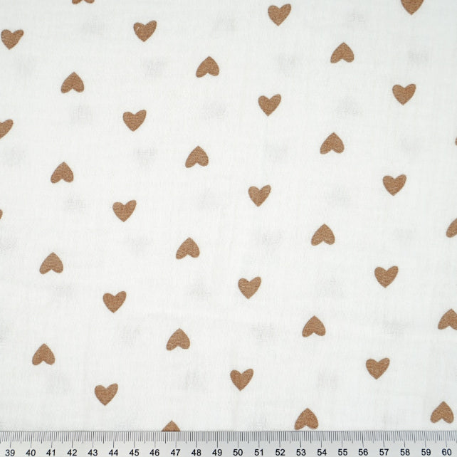 Tissu Double Gaze De Coton Imprimé | Cœurs Bruns Fond Blanc | Laize 130cm