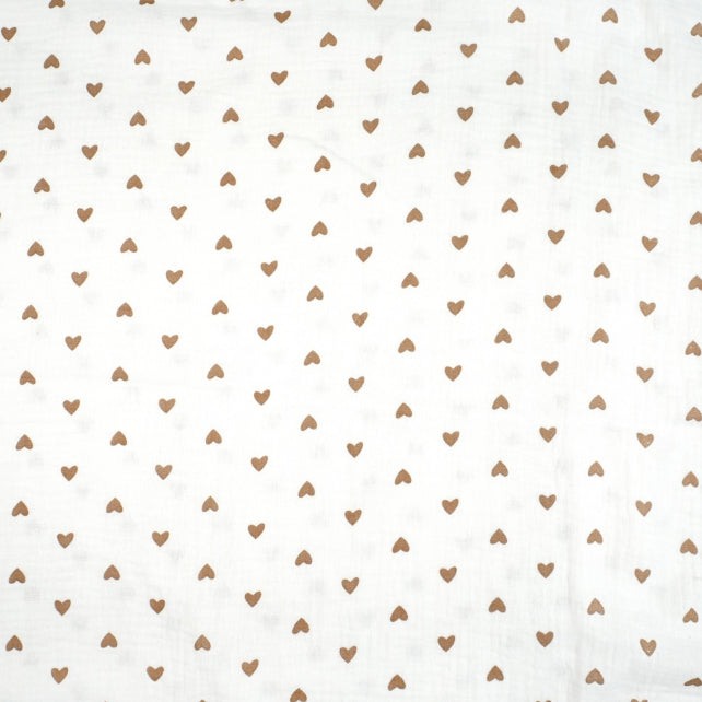 Tissu Double Gaze De Coton Imprimé | Cœurs Bruns Fond Blanc | Laize 130cm