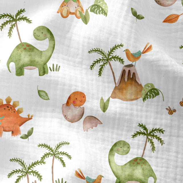 Tissu Double Gaze De Coton Imprimé | Dinosaures Dinus Fond Blanc