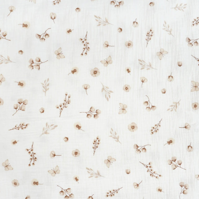 Tissu Double Gaze De Coton Imprimé | Fleurs et Papillons Beiges