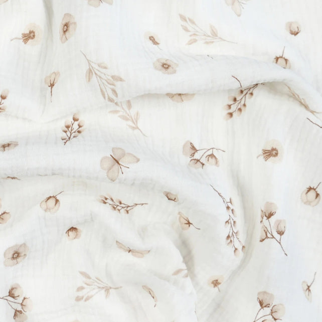 Tissu Double Gaze De Coton Imprimé | Fleurs et Papillons Beiges