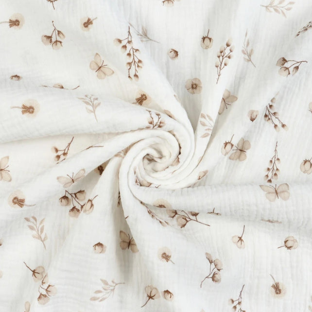 Tissu Double Gaze De Coton Imprimé | Fleurs et Papillons Beiges