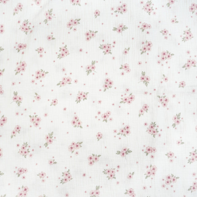 Tissu Double Gaze De Coton Imprimé | Fleurs Roses et Feuilles