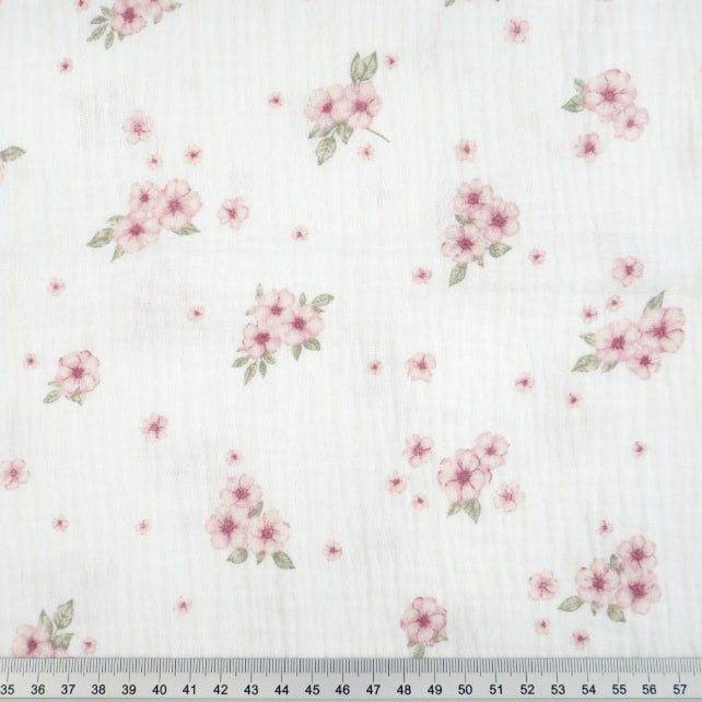 Tissu Double Gaze De Coton Imprimé | Fleurs Roses et Feuilles