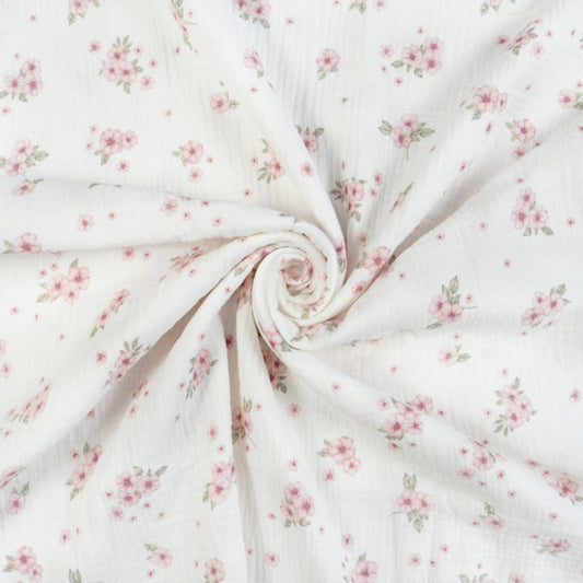 Tissu Double Gaze De Coton Imprimé | Fleurs Roses et Feuilles