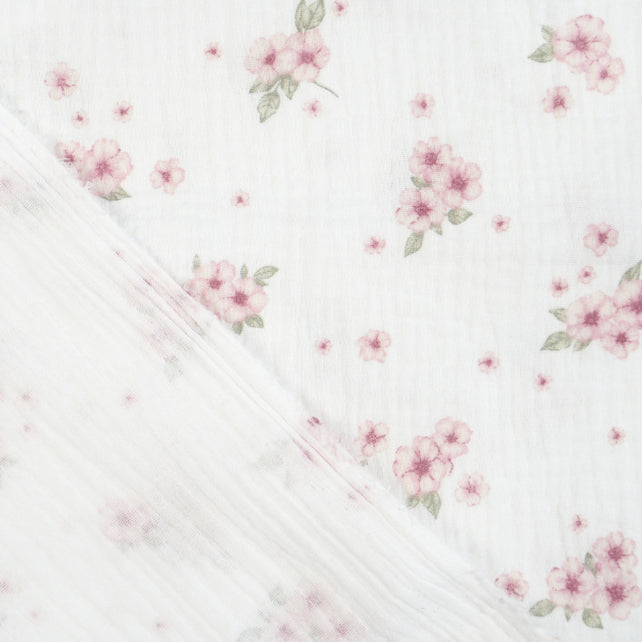 Tissu Double Gaze De Coton Imprimé | Fleurs Roses et Feuilles