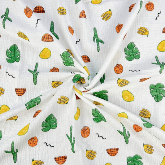 Tissu Double Gaze De Coton Imprimé | Fruits Tropicaux Fond Blanc | Laize 130cm