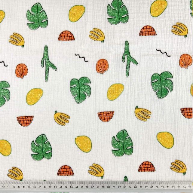 Tissu Double Gaze De Coton Imprimé | Fruits Tropicaux Fond Blanc | Laize 130cm