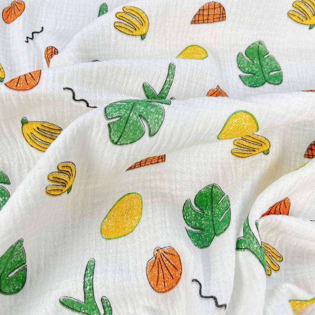 Tissu Double Gaze De Coton Imprimé | Fruits Tropicaux Fond Blanc | Laize 130cm
