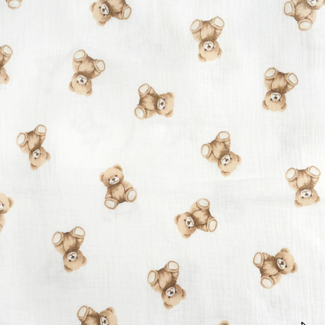 Tissu Double Gaze De Coton Imprimé | Petits Oursons Beiges | Laize 135cm