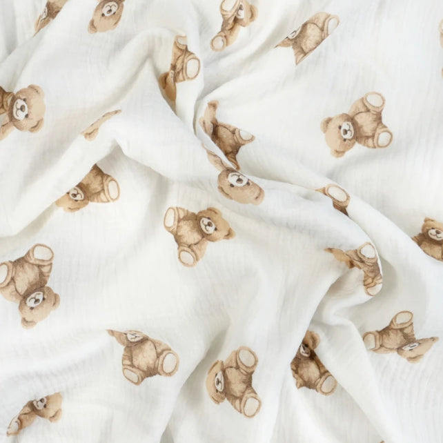 Tissu Double Gaze De Coton Imprimé | Petits Oursons Beiges | Laize 135cm