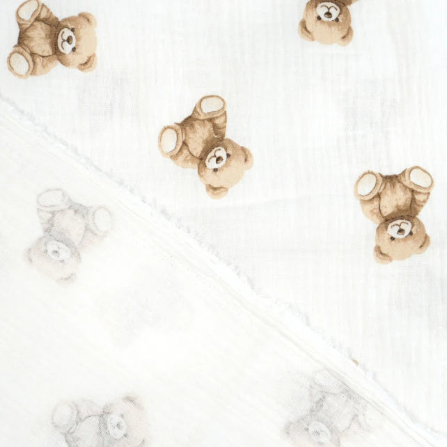 Tissu Double Gaze De Coton Imprimé | Petits Oursons Beiges | Laize 135cm