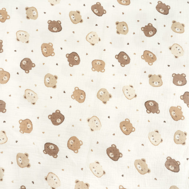 Tissus Double Gaze De Coton Imprimé | Têtes Oursons Cœurs | Laize 135cm
