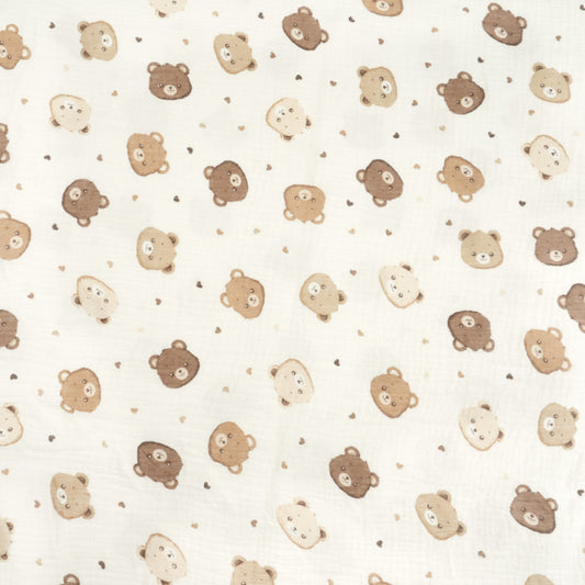 Tissus Double Gaze De Coton Imprimé | Têtes Oursons Cœurs | Laize 135cm