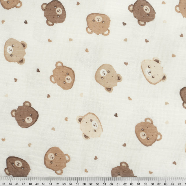 Tissus Double Gaze De Coton Imprimé | Têtes Oursons Cœurs | Laize 135cm