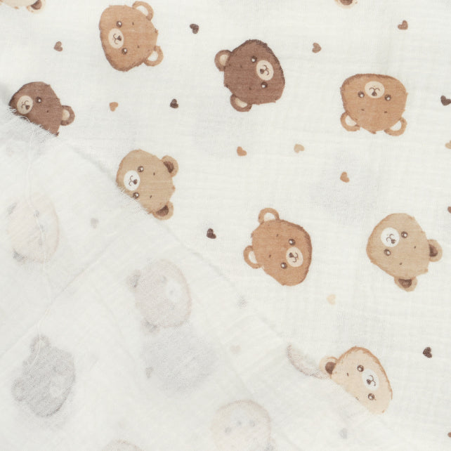 Tissus Double Gaze De Coton Imprimé | Têtes Oursons Cœurs | Laize 135cm