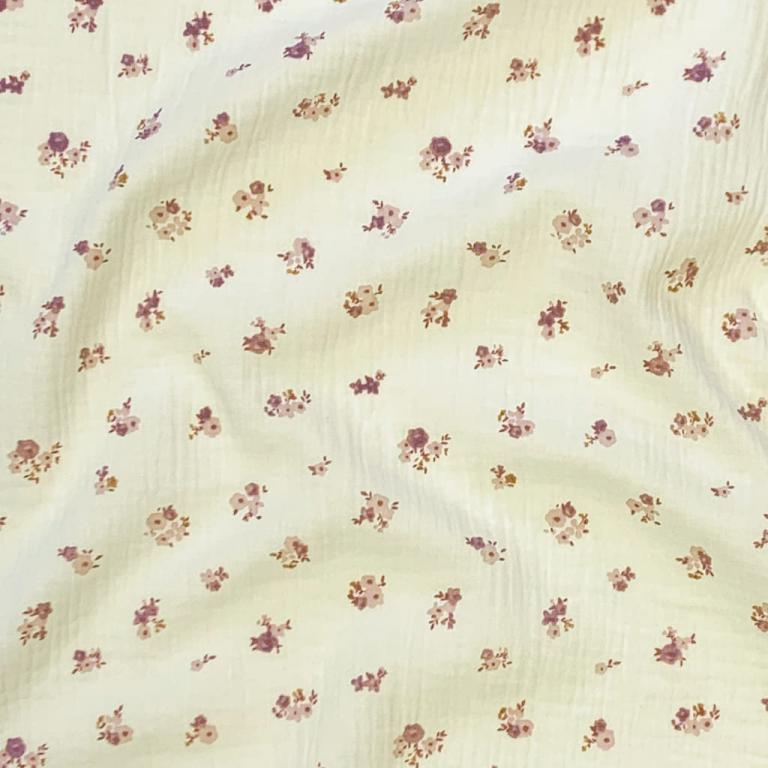 Double Gaze De Coton Imprimé - Fleurs Hope Ecru