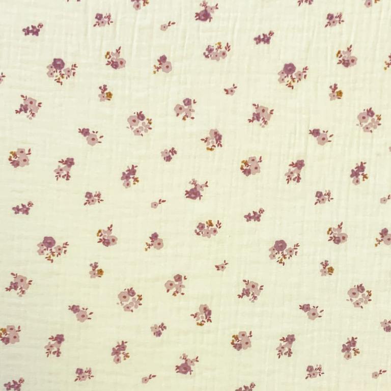 Double Gaze De Coton Imprimé - Fleurs Hope Ecru