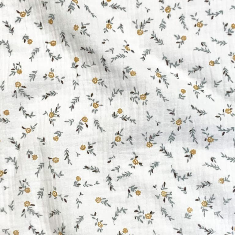 Double Gaze De Coton Imprimé - Fleurs Janet Blanc