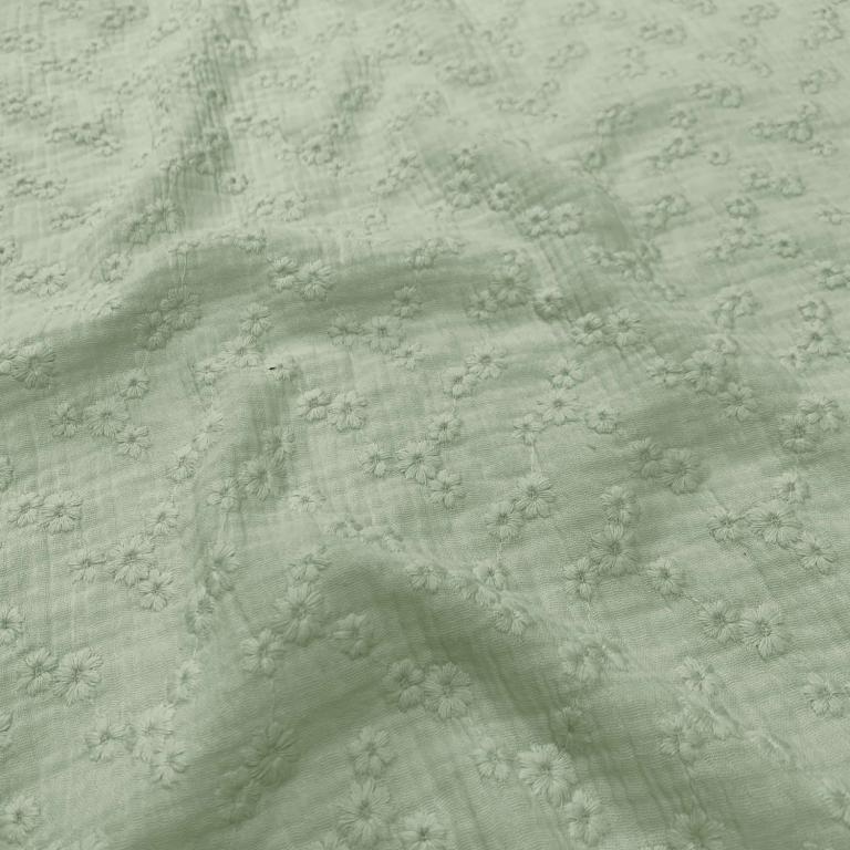 Double Gaze De Coton Brodé - Esmee Vert de Gris