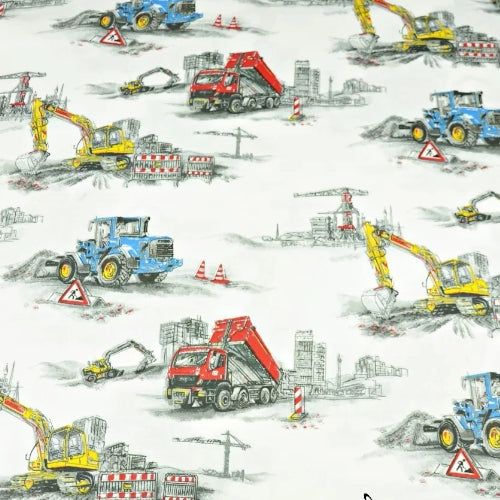 Tissu Coton Transport | Engins de Chantiers Fond Blanc